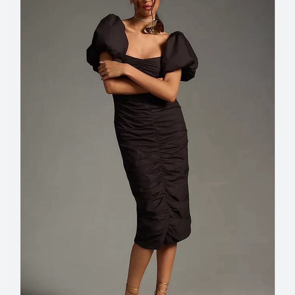 Rhode Tessa Midi Puff Sleeve Ruched Dress in Black Size 2